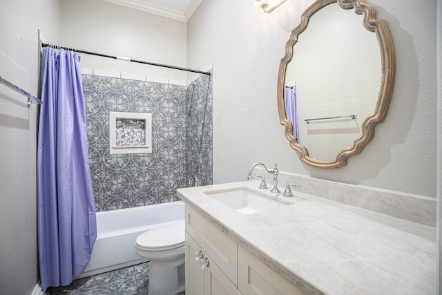 bathroom with shower / bathtub combination with curtain, toilet, vanity, and crown molding