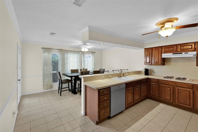 kitchen with under cabinet range hood, white gas stovetop, a peninsula, ornamental molding, and dishwasher