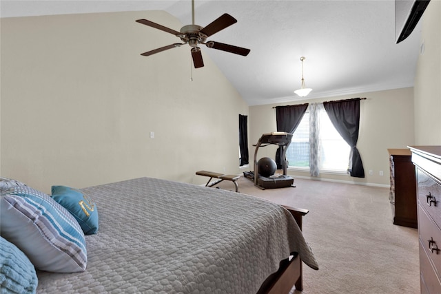 bedroom with high vaulted ceiling, light colored carpet, ceiling fan, and baseboards