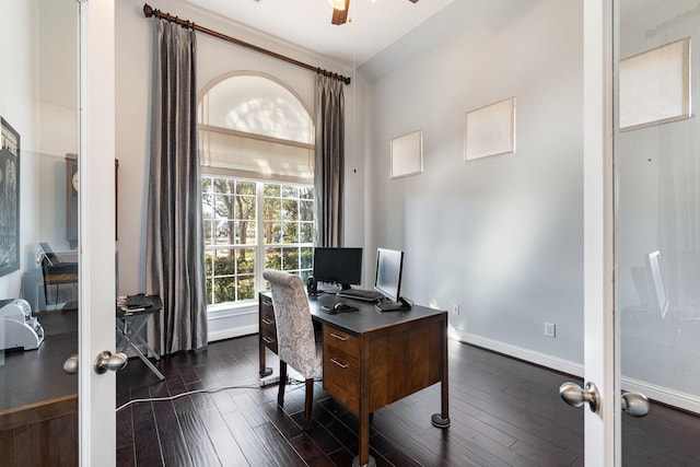 office featuring ceiling fan, dark wood-style flooring, and baseboards