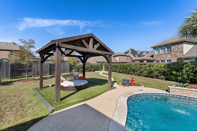 view of pool featuring a gazebo, a lawn, a patio, and a fenced backyard