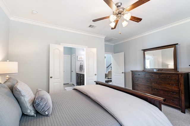 bedroom featuring visible vents, a ceiling fan, connected bathroom, ornamental molding, and carpet flooring