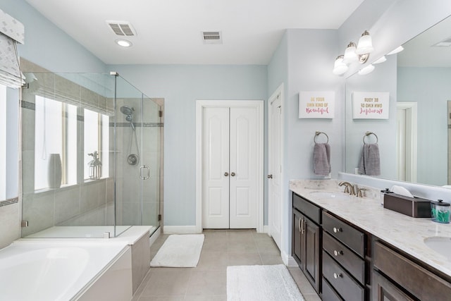 full bathroom featuring a shower stall, a sink, visible vents, and tile patterned floors