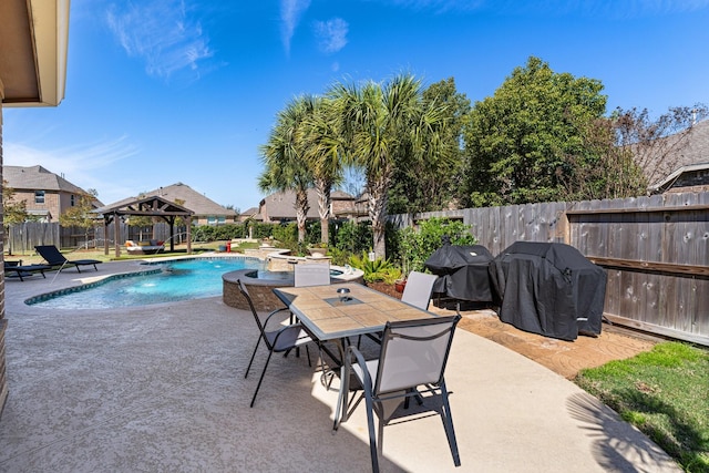 view of pool with a fenced in pool, a fenced backyard, a grill, a gazebo, and a patio area