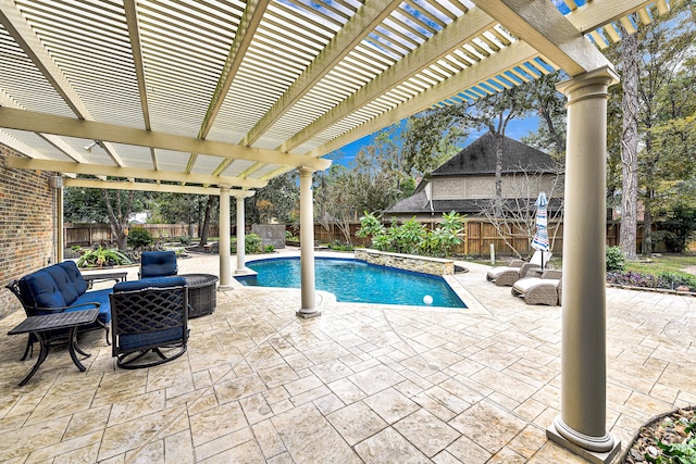 view of pool with a patio area, a fenced in pool, a pergola, and a fenced backyard