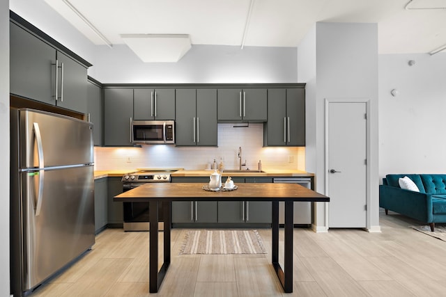 kitchen featuring a sink, decorative backsplash, wooden counters, and appliances with stainless steel finishes