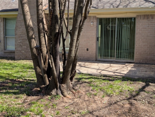 view of property exterior with a patio, brick siding, and roof with shingles