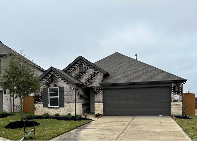 view of front of home featuring brick siding, a front lawn, roof with shingles, stone siding, and an attached garage