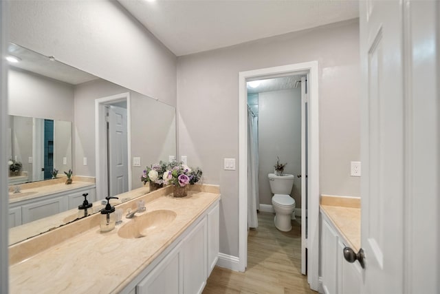 full bath featuring baseboards, toilet, a shower with curtain, wood finished floors, and vanity