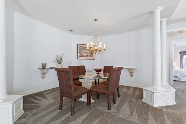 carpeted dining space with visible vents, ornamental molding, and decorative columns