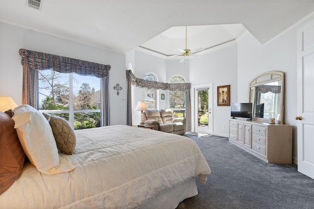 bedroom with a ceiling fan, visible vents, ornamental molding, access to exterior, and dark colored carpet