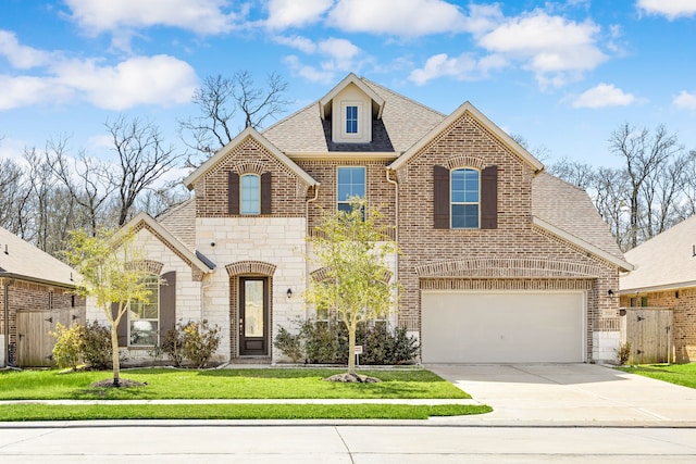 french country style house with a front lawn, roof with shingles, concrete driveway, a garage, and brick siding