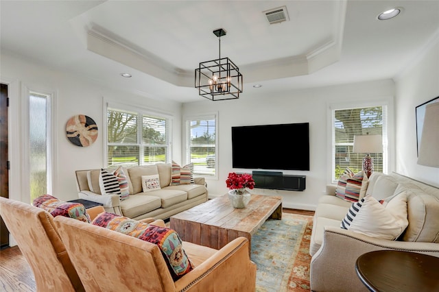 living area with a raised ceiling, a healthy amount of sunlight, and ornamental molding