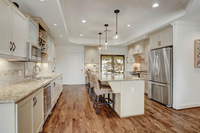 kitchen featuring a sink, wood finished floors, appliances with stainless steel finishes, a raised ceiling, and light stone countertops