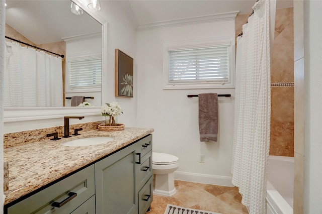 bathroom with crown molding, baseboards, toilet, shower / bath combination with curtain, and vanity