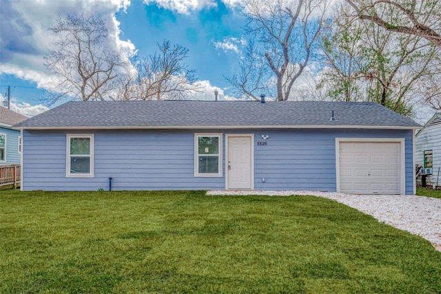 ranch-style house with gravel driveway, a front lawn, roof with shingles, and an attached garage