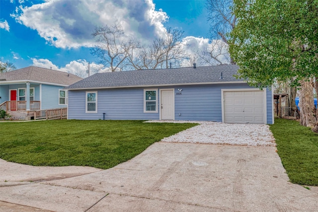 single story home featuring a front yard, a garage, driveway, and roof with shingles