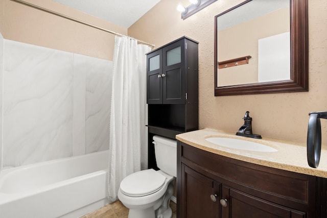 full bath featuring vanity, toilet, shower / bathtub combination with curtain, and a textured wall