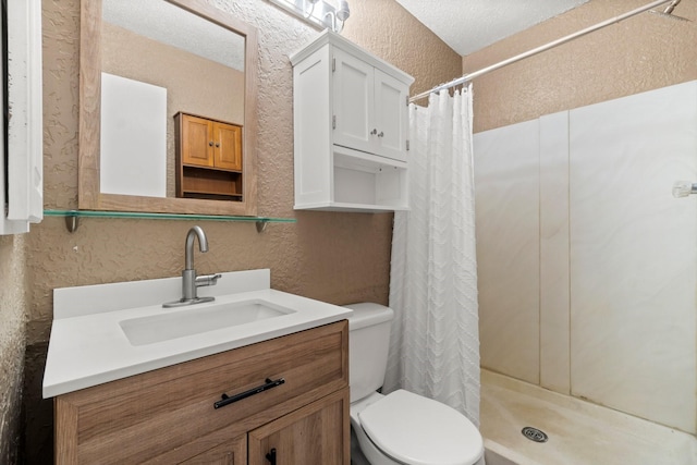 full bath featuring a stall shower, toilet, and a textured wall