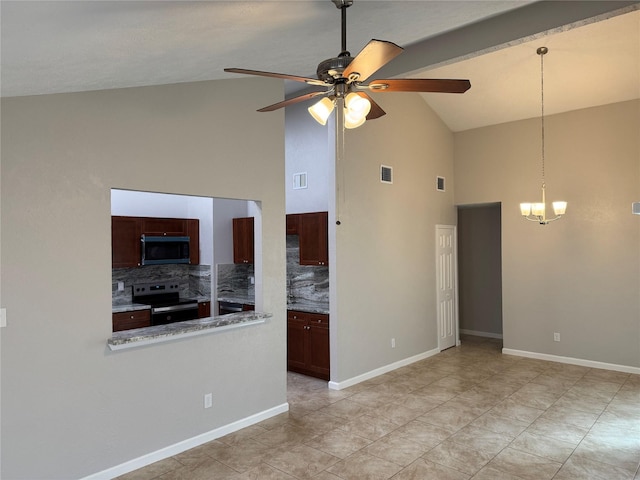 unfurnished living room with visible vents, ceiling fan with notable chandelier, and baseboards