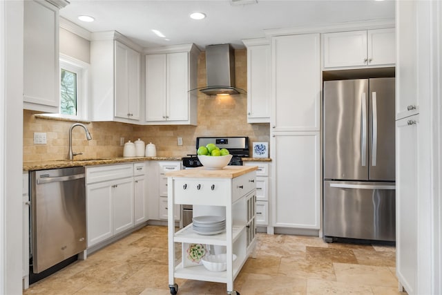 kitchen featuring a sink, wall chimney range hood, stainless steel appliances, white cabinetry, and open shelves