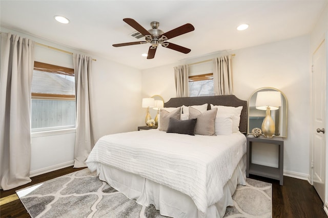 bedroom with recessed lighting, ceiling fan, baseboards, and dark wood-style flooring