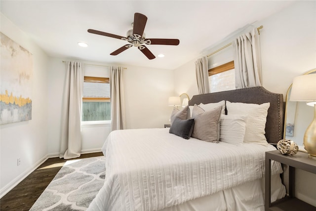 bedroom featuring recessed lighting, ceiling fan, baseboards, and wood finished floors