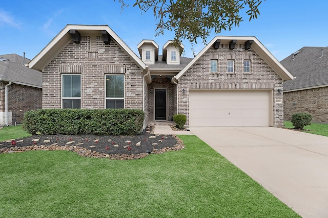 view of front of house with brick siding, concrete driveway, and a front lawn