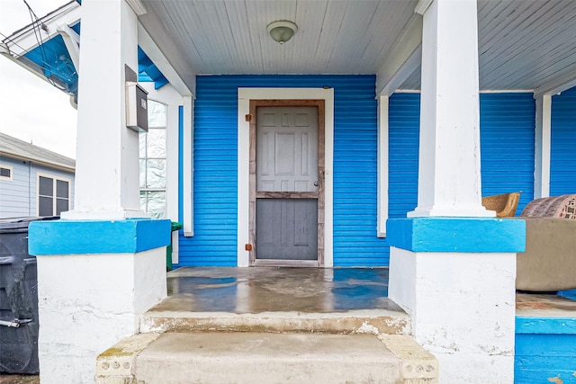 view of exterior entry with a porch