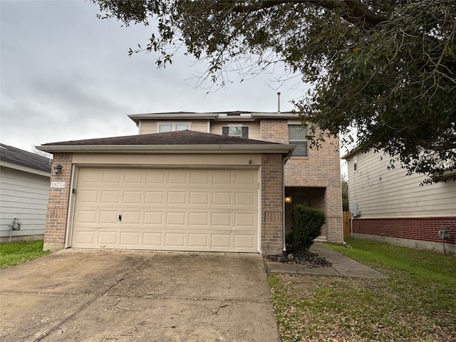 view of front of home with concrete driveway, a garage, and brick siding