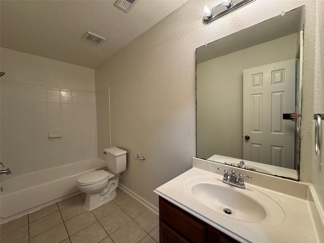 bathroom featuring visible vents, toilet, a textured ceiling, tile patterned flooring, and vanity