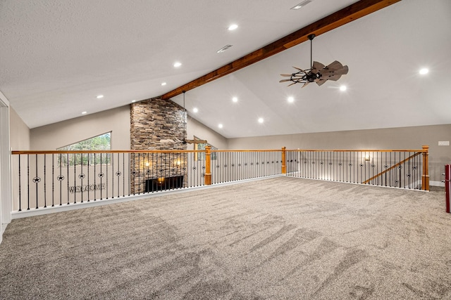 unfurnished living room featuring high vaulted ceiling, recessed lighting, ceiling fan, beamed ceiling, and carpet flooring