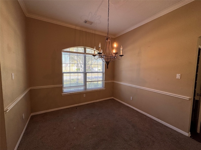 unfurnished room featuring a chandelier, visible vents, baseboards, and dark colored carpet