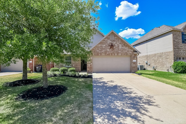 view of front of property featuring central air condition unit, driveway, an attached garage, a front yard, and brick siding