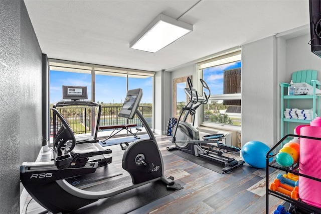 exercise room with a wall of windows, wood finished floors, and a textured wall