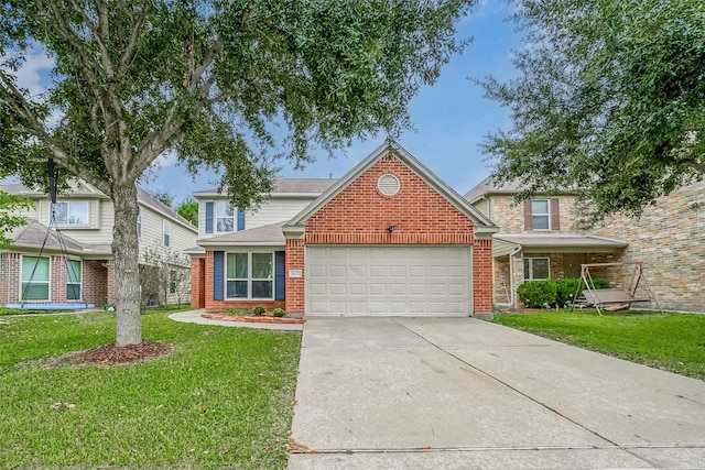 traditional home featuring driveway, brick siding, an attached garage, and a front lawn