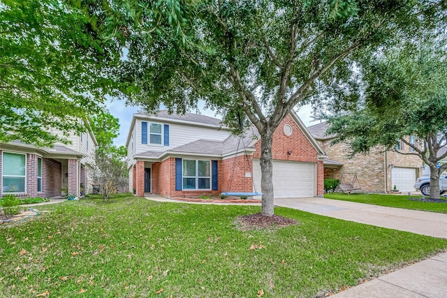 traditional-style home featuring brick siding, a garage, concrete driveway, and a front yard