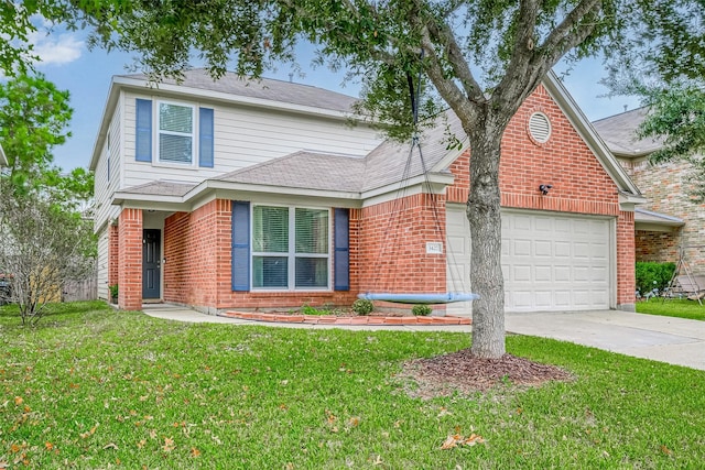 traditional-style house with brick siding, an attached garage, concrete driveway, and a front yard