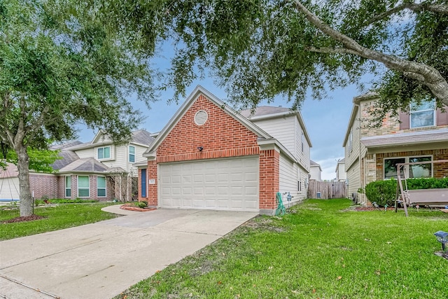 traditional-style home with driveway, brick siding, an attached garage, and a front lawn