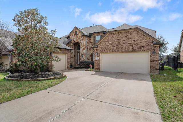 view of front facade with brick siding, concrete driveway, and an attached garage