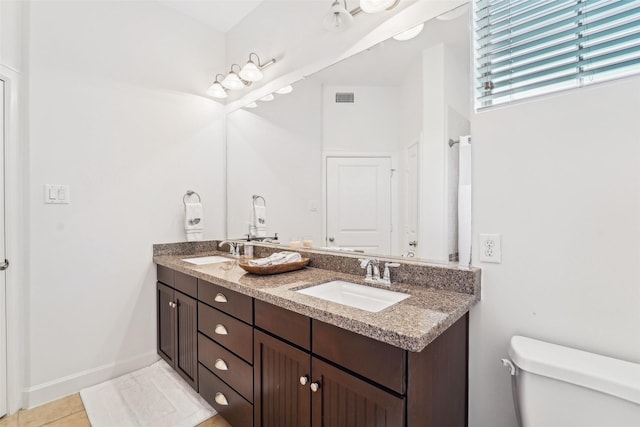 full bathroom featuring a sink, visible vents, toilet, and double vanity