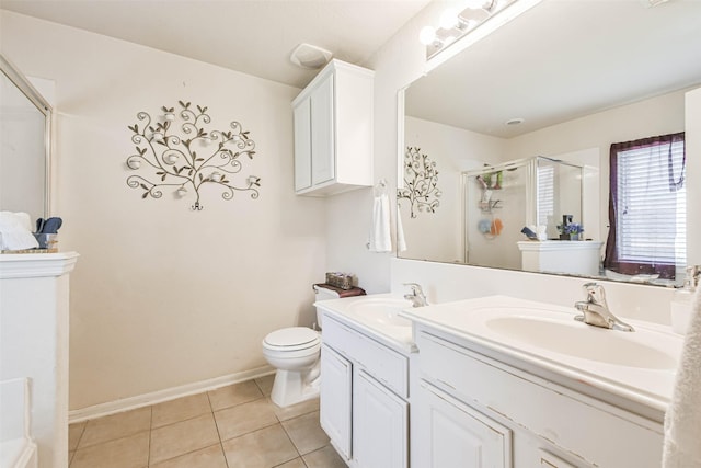 full bathroom featuring tile patterned floors, toilet, a stall shower, and a sink