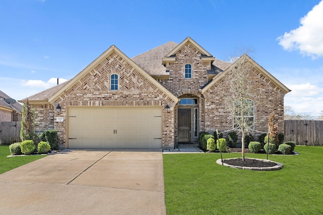 french provincial home with brick siding, a front lawn, and fence