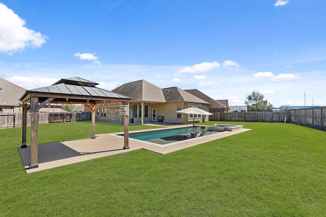 view of pool featuring a gazebo, a fenced backyard, a patio, and a yard