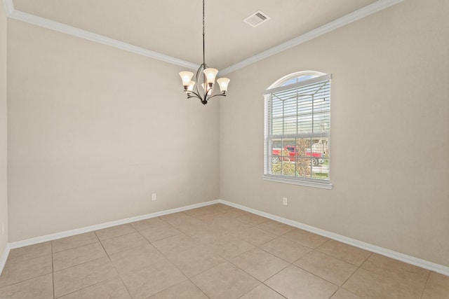 spare room with visible vents, an inviting chandelier, crown molding, light tile patterned floors, and baseboards