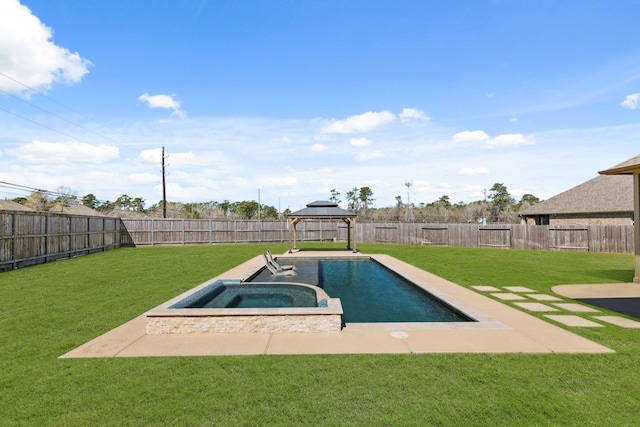 view of pool with a gazebo, a fenced backyard, and a yard