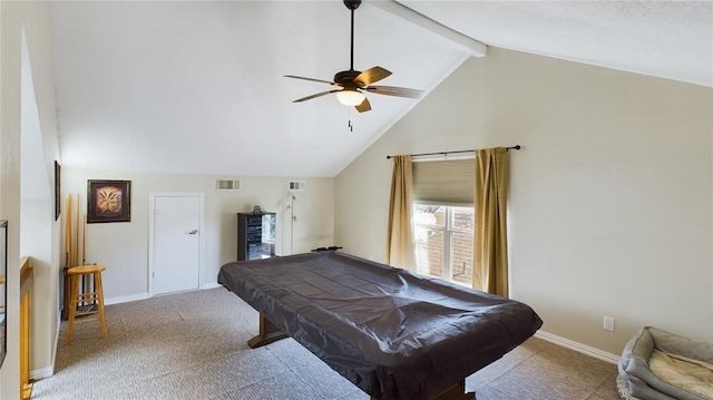 playroom with ceiling fan, vaulted ceiling with beams, visible vents, and pool table