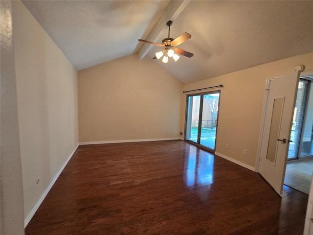 spare room featuring baseboards, dark wood-style floors, and vaulted ceiling with beams