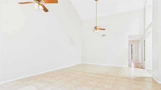 2026 Ashford Hollow Ln, Houston, TX 77077 - unfurnished room with a ceiling fan, high vaulted ceiling, light tile patterned floors, and baseboards
