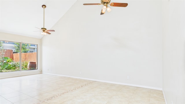 2026 Ashford Hollow Ln, Houston, TX 77077 - empty room featuring a ceiling fan, high vaulted ceiling, baseboards, and light tile patterned floors